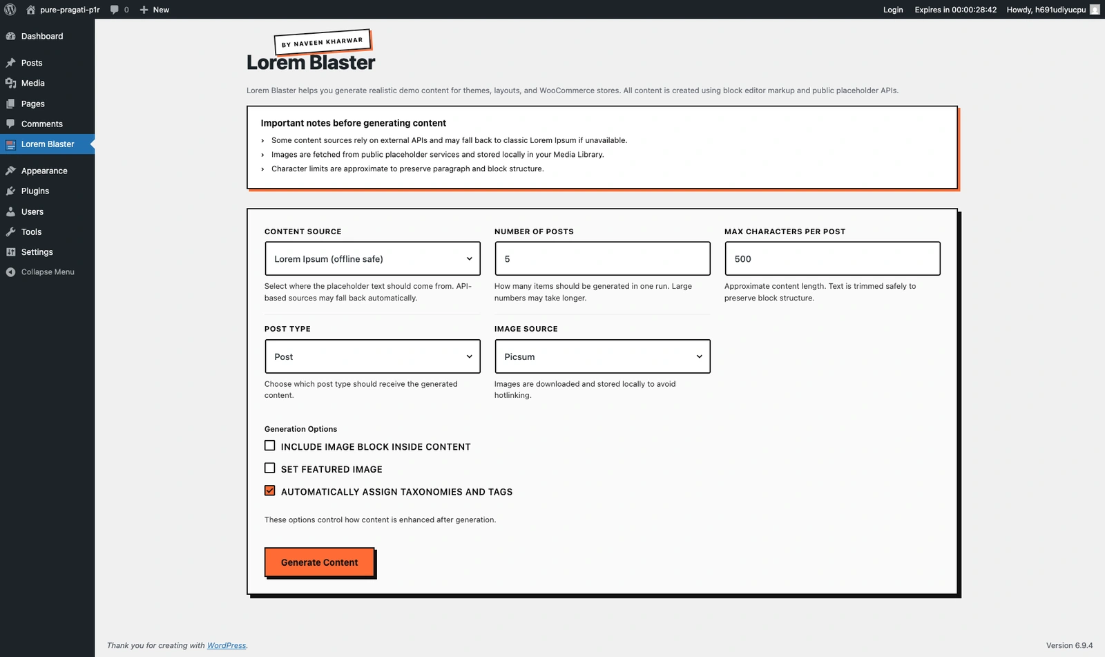 Lorem Blaster WordPress admin interface showing the content generation form.